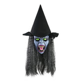 Hanging Witch Latex Mask Decoration - Black Hat, Neon-Green Eyes