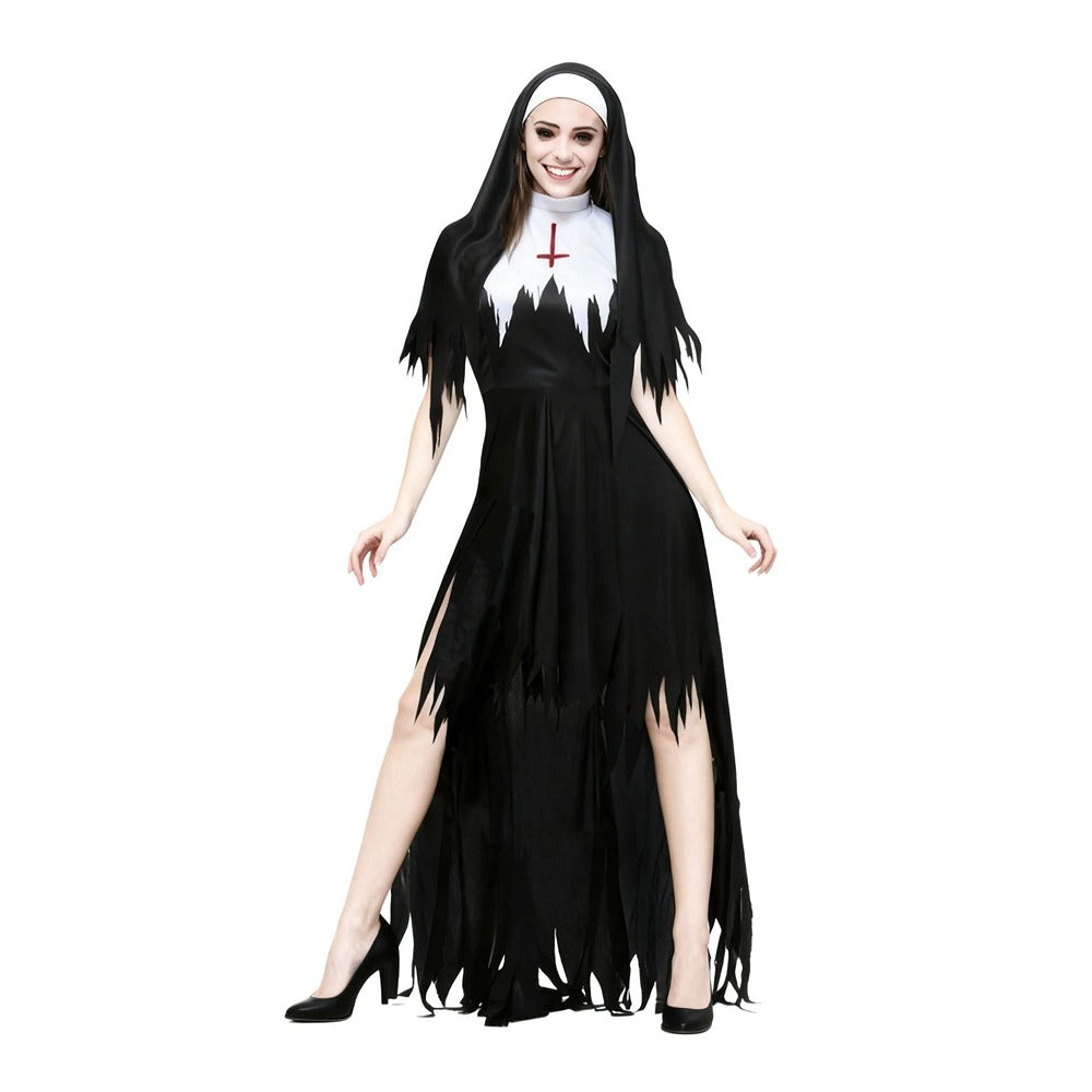 Adult Wicked Nun Fancy Dress Costume - Black and White, Tattered Hem