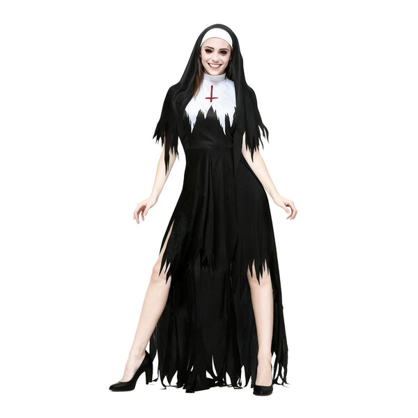Adult Wicked Nun Fancy Dress Costume - Black and White, Tattered Hem