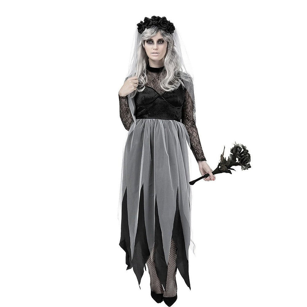 Gothic Ghost Bride Adult Fancy Dress Costume - Black Lace, Veil and Headpiece