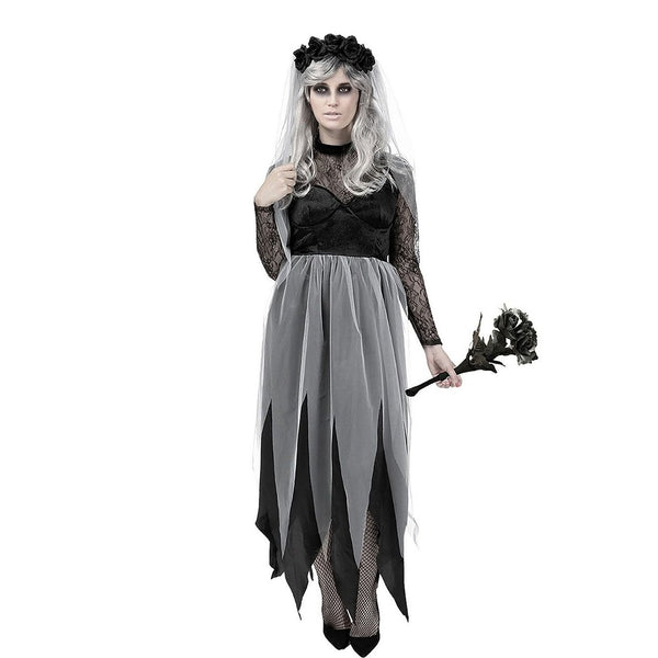 Gothic Ghost Bride Adult Fancy Dress Costume - Black Lace, Veil and Headpiece