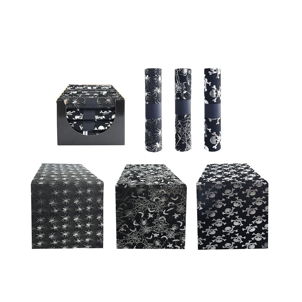 Halloween Table Runner Roll - 3m, Assorted Black and Silver Designs