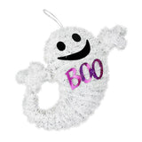 Hanging Tinsel Ghost Halloween Ornament - White, Glitter BOO, 23cm