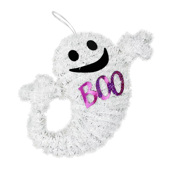 Hanging Tinsel Ghost Halloween Ornament - White, Glitter BOO, 23cm