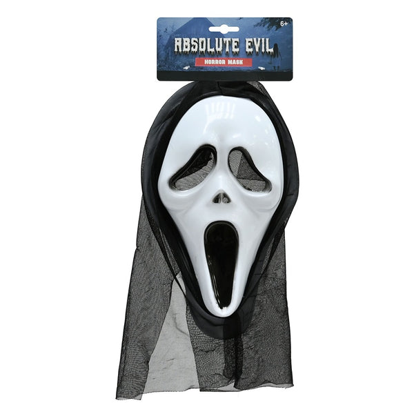 White Screaming Demon Costume Mask - Black Hood and Veil, Ages 6+