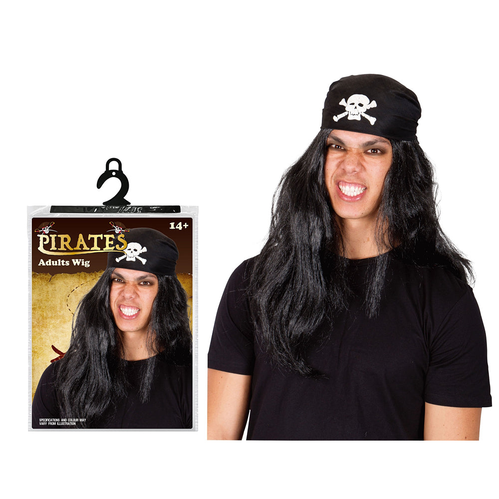 Boo! Black-Haired Pirate Wig with Skull Bandana