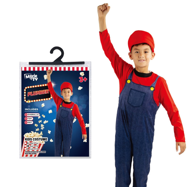 Kids Red Plumber Overalls Halloween Costume | 3 Sizes Available