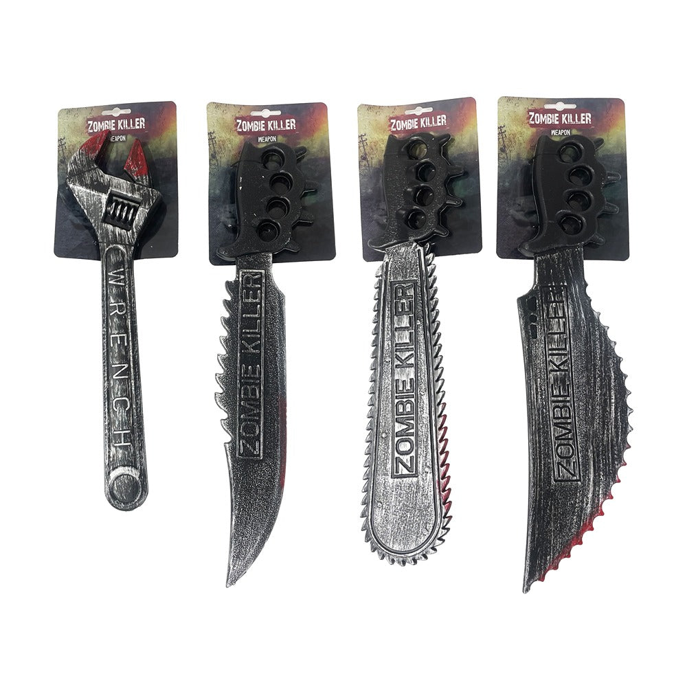 Assorted Bloody Zombie Killer Toy Weapons - Distressed, Blood-Splattered