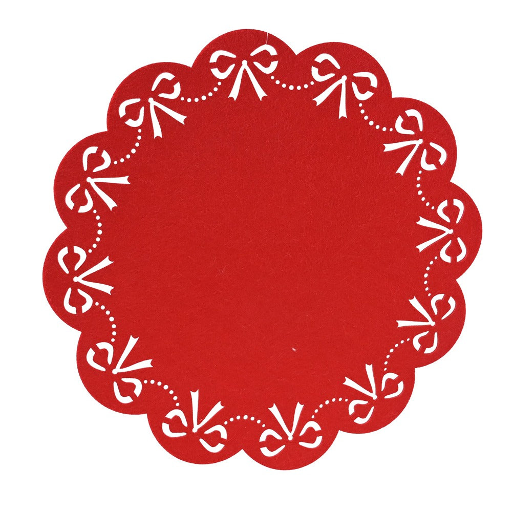 Festive Magic Christmas Bow Felt Placemat - Red, Scalloped Edge, 35cm