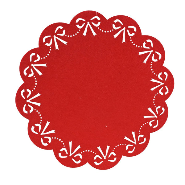 Festive Magic Christmas Bow Felt Placemat - Red, Scalloped Edge, 35cm