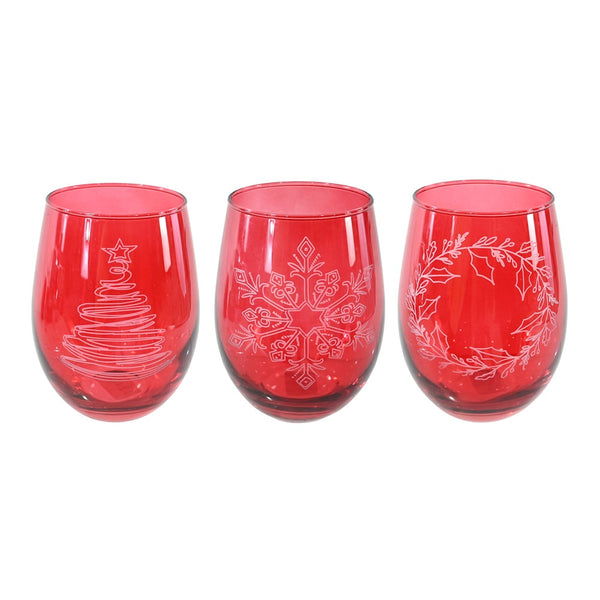 Festive Magic Red Stemless Christmas Glass Tumbler - 550ml, Assorted Designs