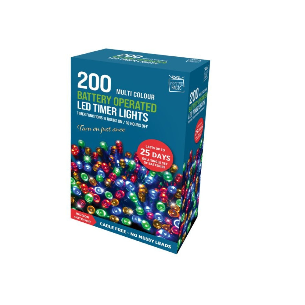 festive magic 200 multicoloured battery powered led timer christmas lights - 8 functions