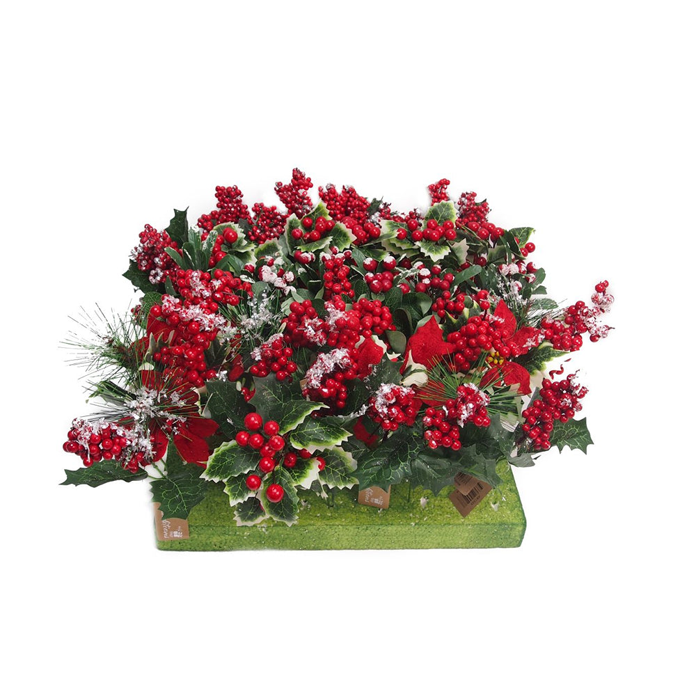 festive magic assorted frosted berry-poinsettia-holly pick - 25cm