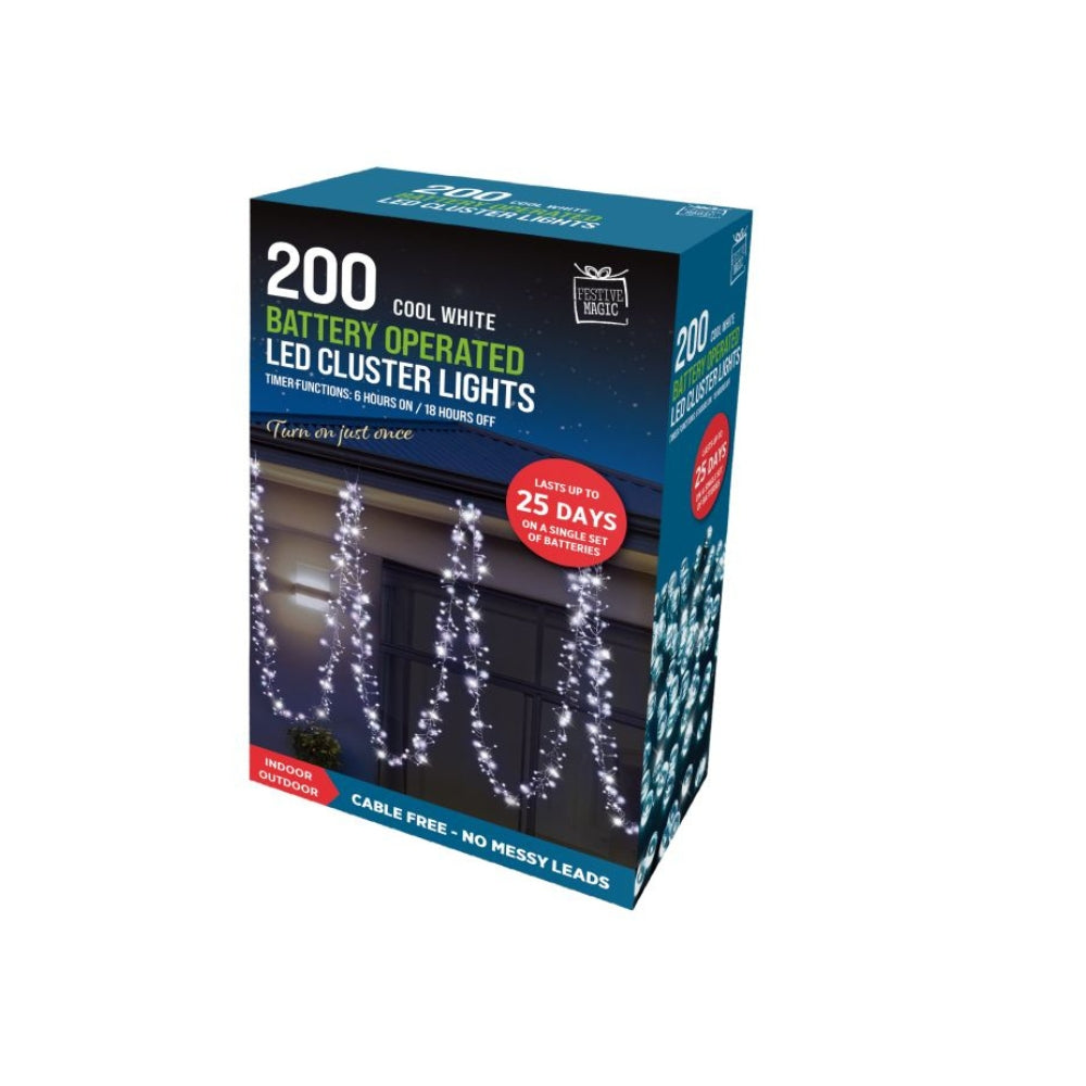 festive magic 200 white battery powered led cluster christmas lights - 8 functions