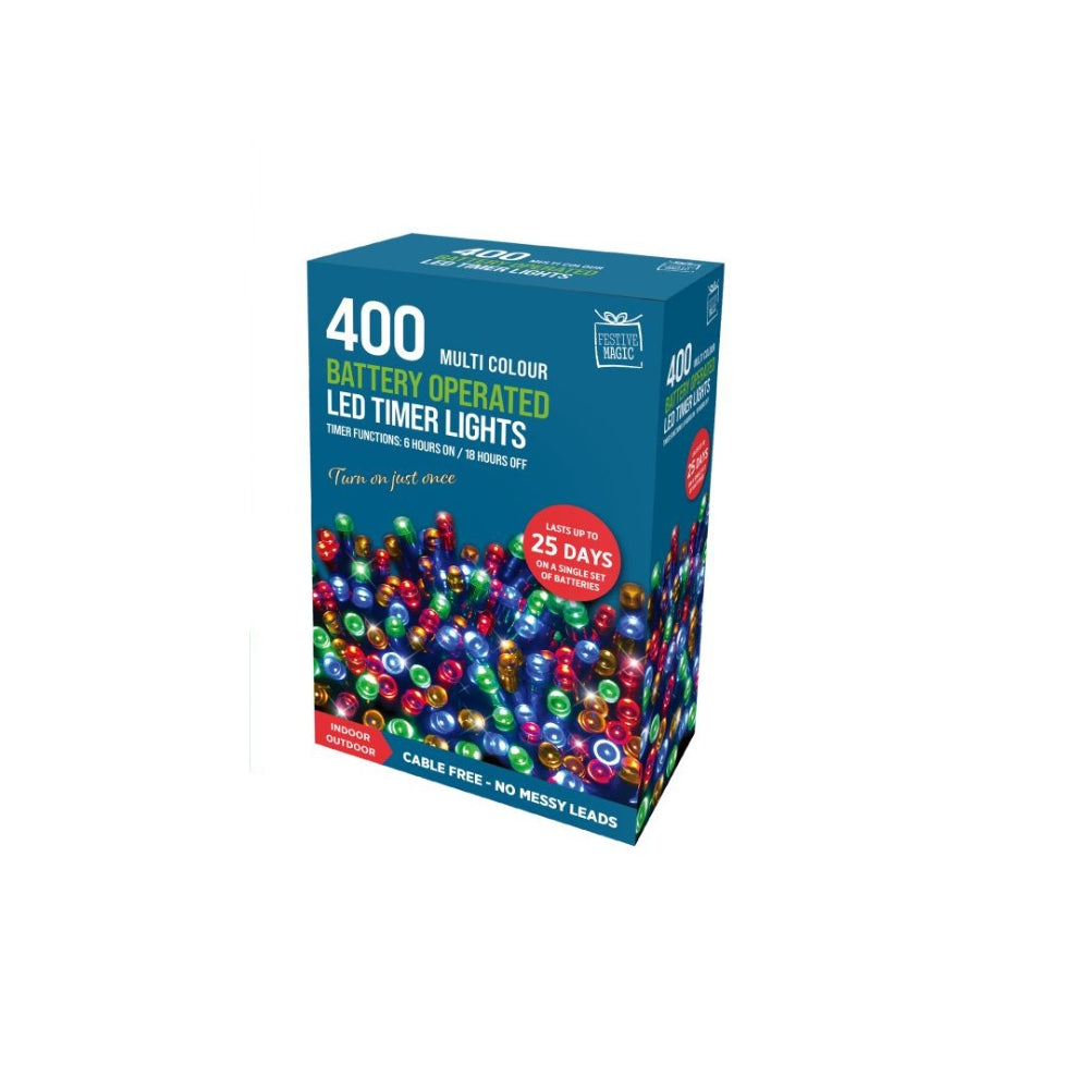 festive magic 400 multicoloured battery powered led timer christmas lights - 8 functions