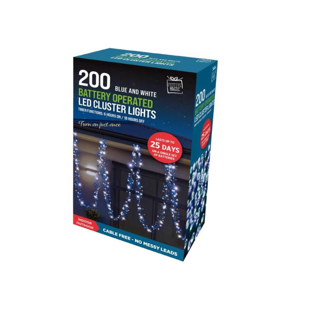 festive magic 200 white blue battery powered led cluster christmas lights - 8 functions