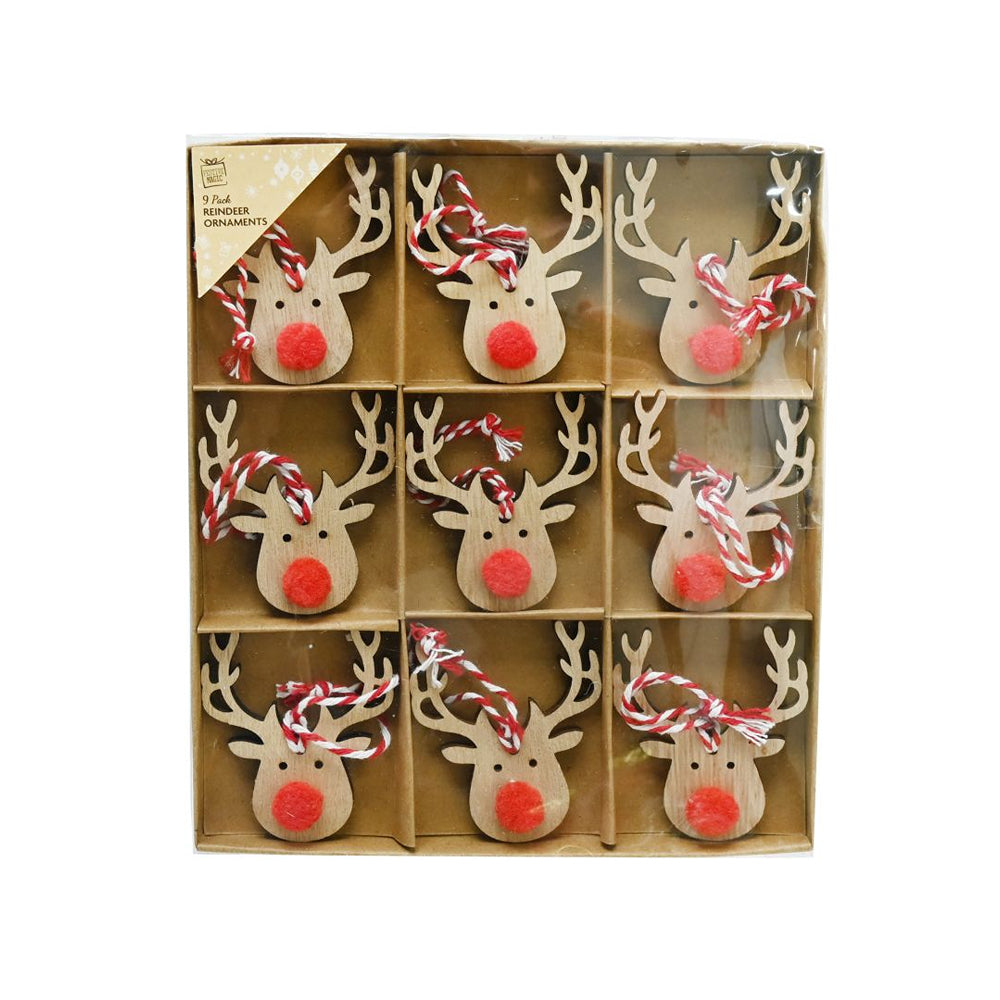 Reindeer Decoration with Pom Pom | Natural Plywood, Red Nose, 9 Piece