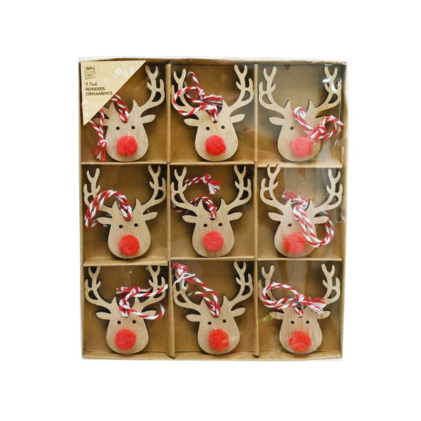 Reindeer Decoration with Pom Pom | Natural Plywood, Red Nose, 9 Piece