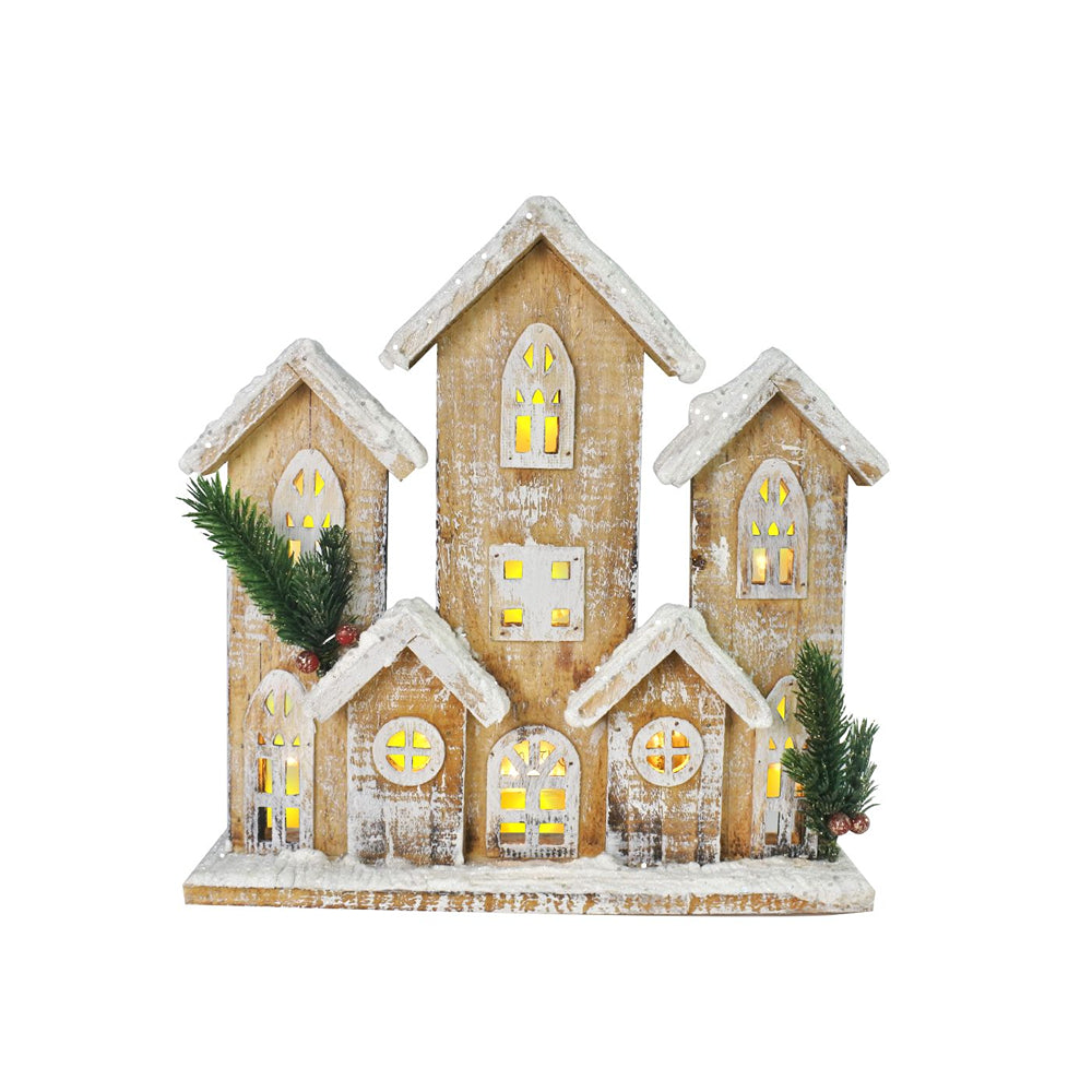 festive magic snowy warm white battery operated wooden house scene with glitter snow - 29cm