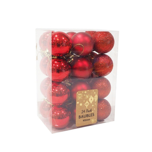 Festive Magic Red Christmas Baubles - 40mm, Assorted Finishes, Pack of 24