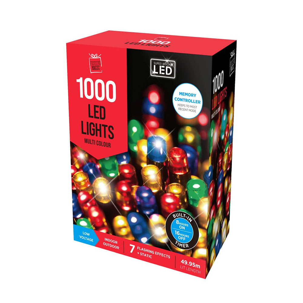 festive magic 1000 multicoloured led timer christmas lights - 8 functions