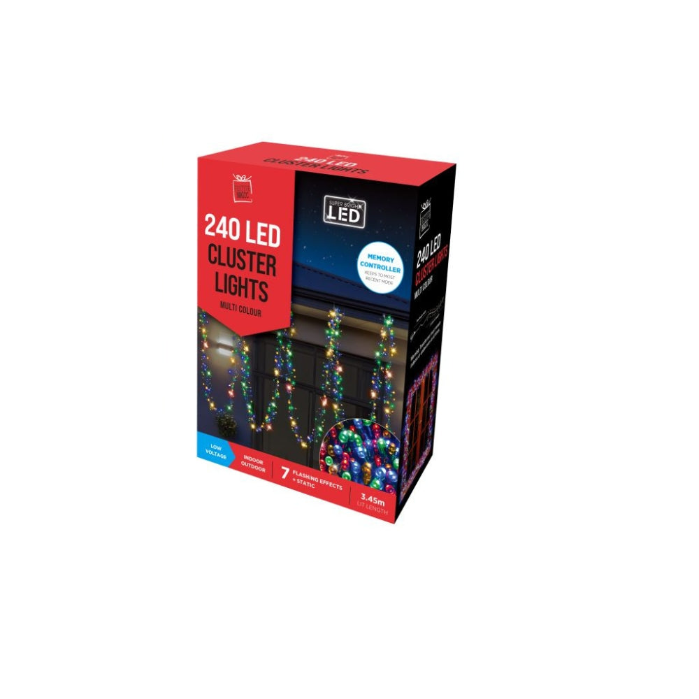 festive magic 240 multicoloured cluster led christmas lights - 8 functions