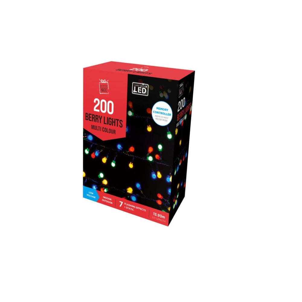 festive magic 200 multicoloured led berry christmas lights - 8 functions