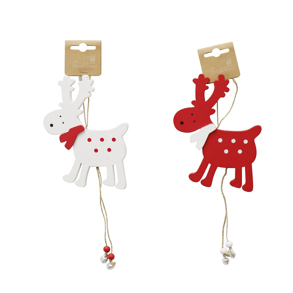 festive magic assorted colour hanging wooden reindeer decoration with nutbells - 29cm