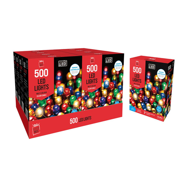 LED String Lights 500 Multi Timer Clear Cable | 8m Lead Wire, 5cm Spacing