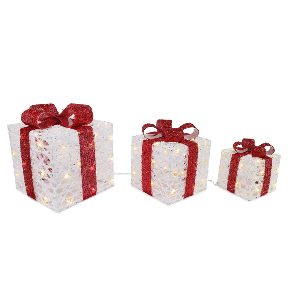 festive magic red and white led fluffy thread presents christmas light decorations - 3 piece set