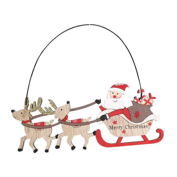 Hanging Santa Sleigh with 2 Reindeer Decoration Sign | Gold Glitter Antlers