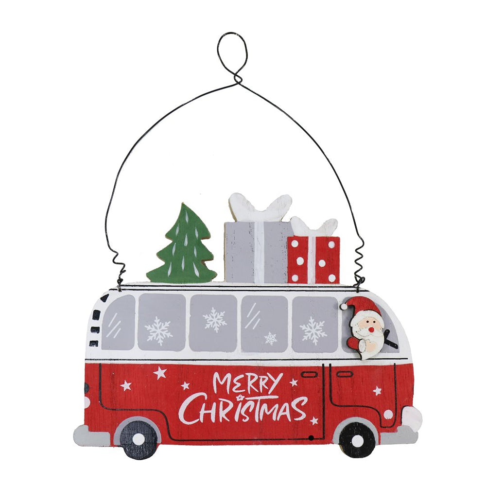 festive magic wooden hanging santa bus decoration - 15cm