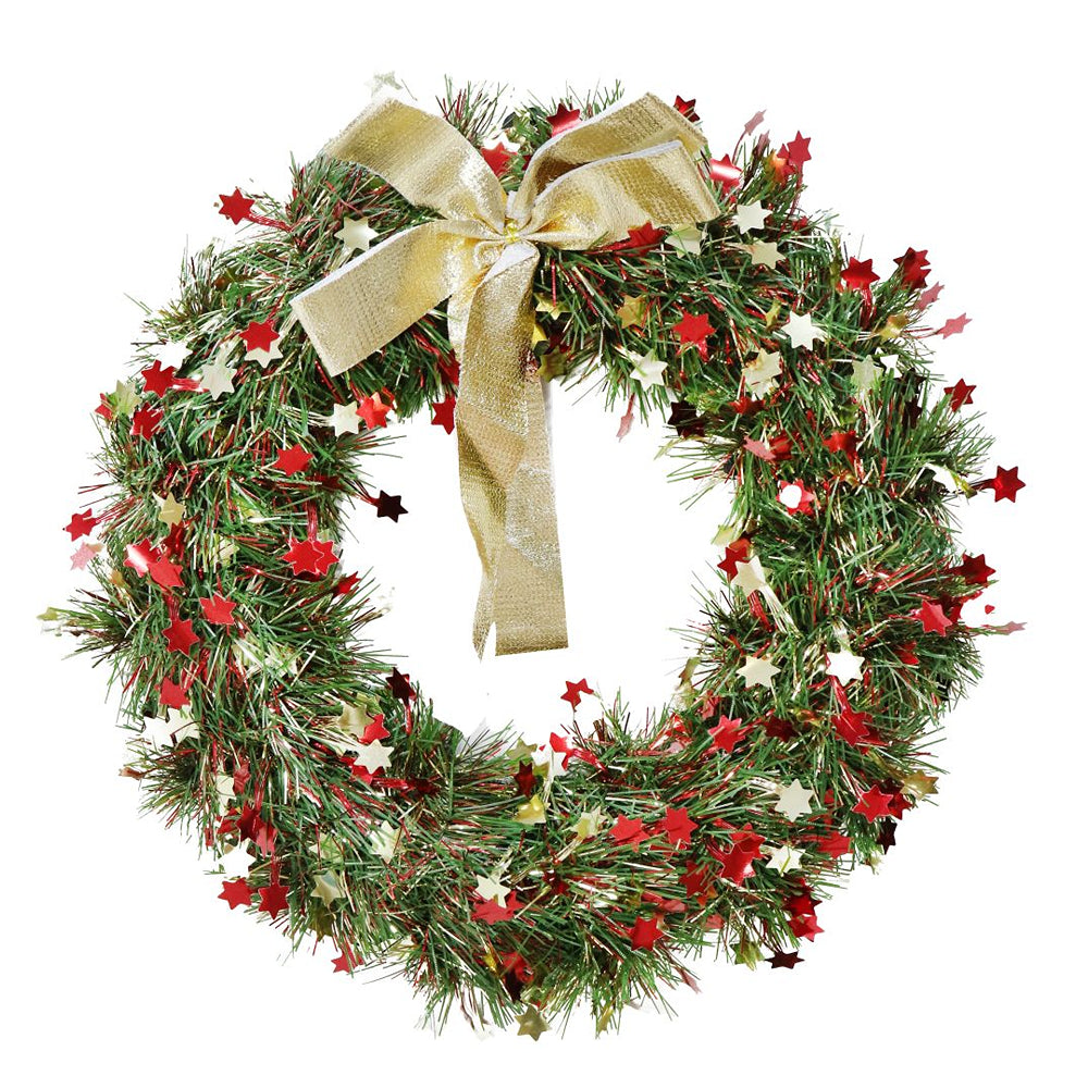 festive magic metallic fine cut tinsel wreath with stars and bow - 25cm