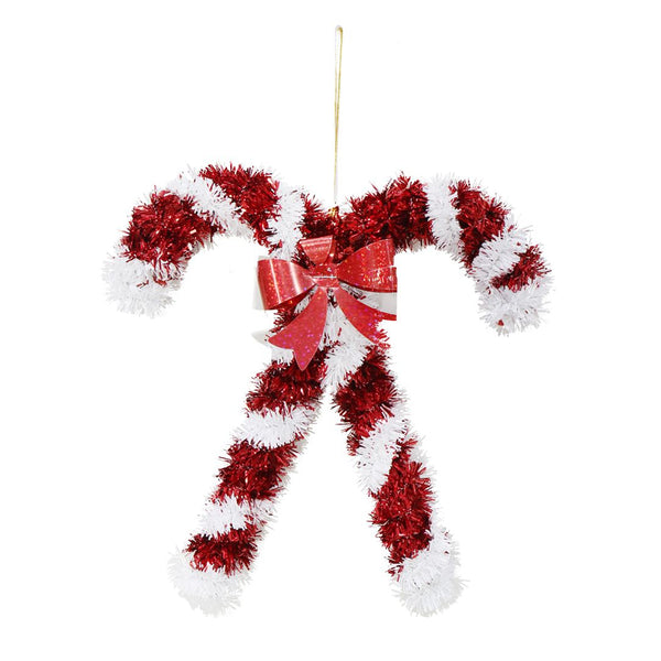 Tinsel Cross Candy Cane Christmas Decoration | 17 x 16cm, Red Laser Bow