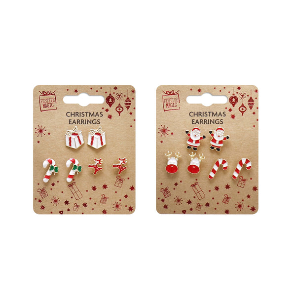 Metal Christmas Earrings | 3 Pairs Assorted Designs Santa Reindeer Candy Cane