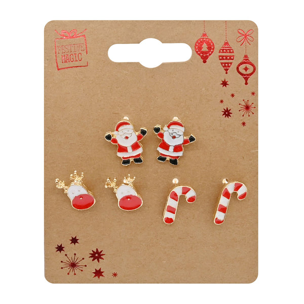 Metal Christmas Earrings | 3 Pairs Assorted Designs Santa Reindeer Candy Cane