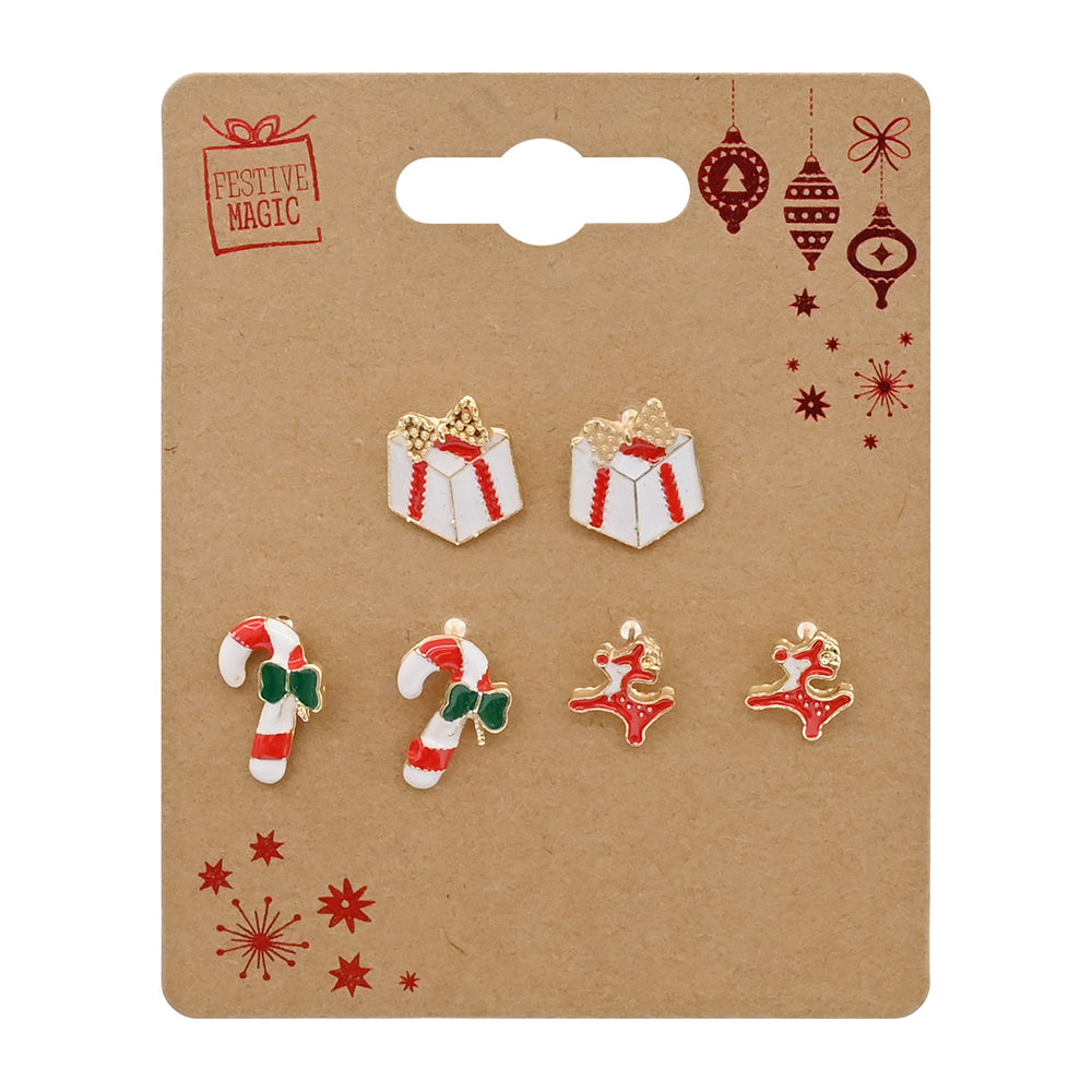 Metal Christmas Earrings | 3 Pairs Assorted Designs Santa Reindeer Candy Cane