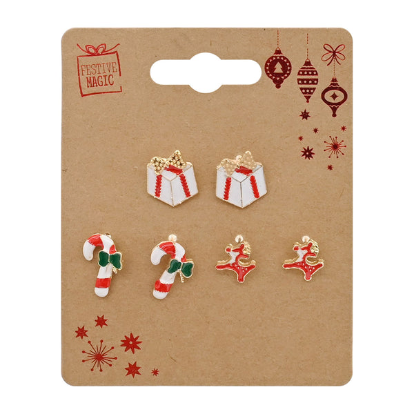 Metal Christmas Earrings | 3 Pairs Assorted Designs Santa Reindeer Candy Cane