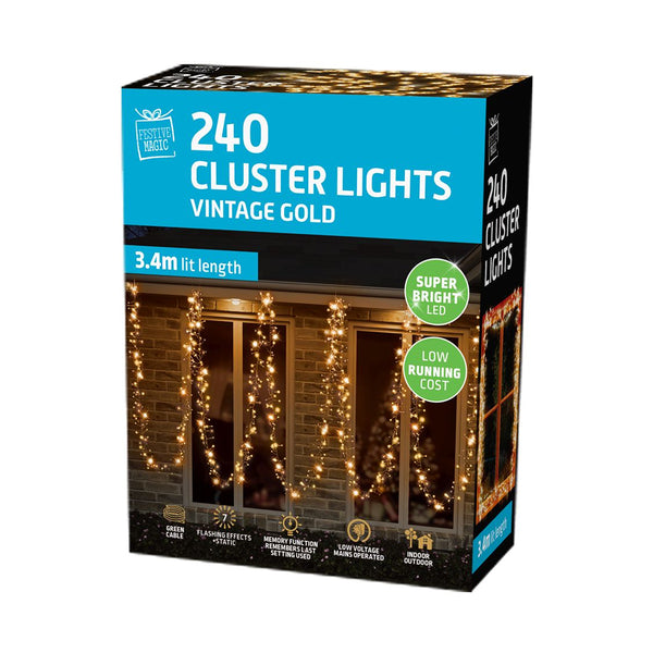 LED Cluster Lights 240 Vintage Gold | IP20, 8 Function Memory, 5m Lead Wire