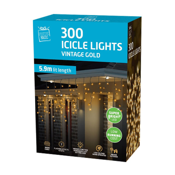 LED Icicle Lights 300 Vintage Gold | IP20, 8 Function Controller, Green Cable