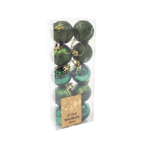 Christmas Baubles Pack of 10 | 40mm, Green, Shiny Matte Glitter