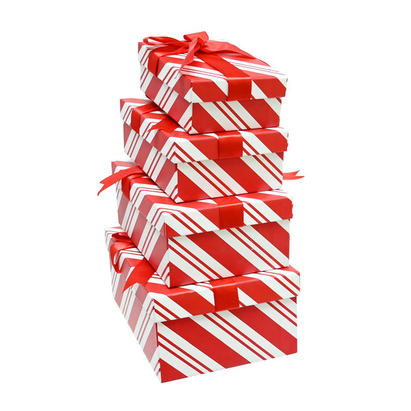 Giftbox Set 4 Candy Striped with Ribbon Tie | Red and White, Matte Laminated