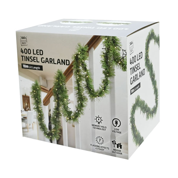 Pre-Lit Christmas Garland 10m | 400 Warm White LEDs, Green PVC