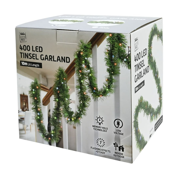Pre-Lit Christmas Garland | 10m, 400 Multicolour LEDs, Green PVC