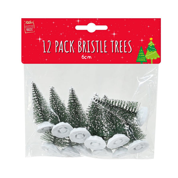 Mini Bristle Tree Snowy Christmas Decorations | Pack of 12, 6cm