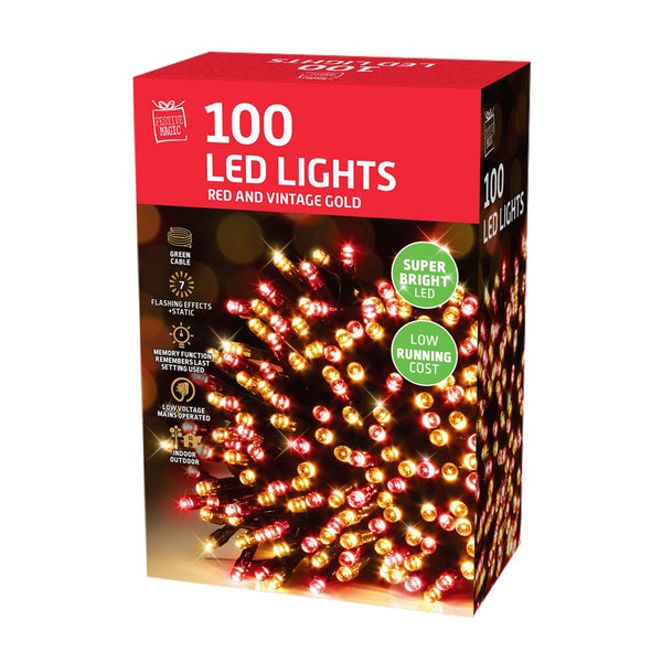 LED Lights 100 Red-Vintage Gold | IP20, 8 Function Memory, 3m Lead Wire