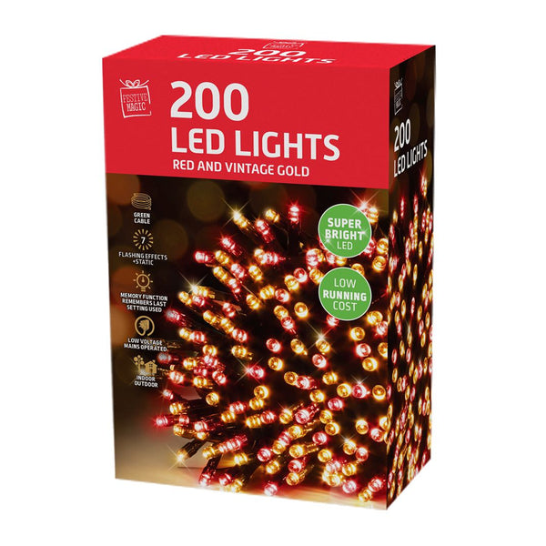 LED Lights 200 Red Vintage Gold | IP20, 8 Function Controller, 5cm Spacing