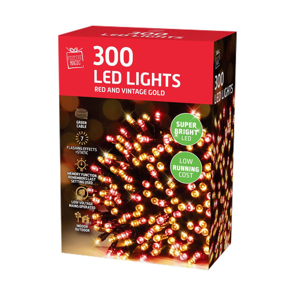 LED String Lights 300 Red-Vintage Gold | 5m Lead Wire, 8 Functions
