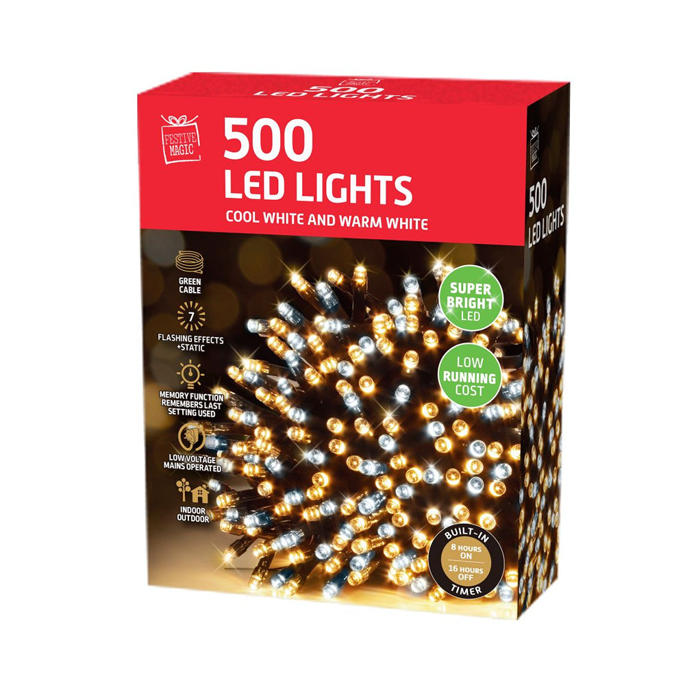 LED String Lights 500 Timer White Warm White | 8m Lead Wire, 5cm Spacing