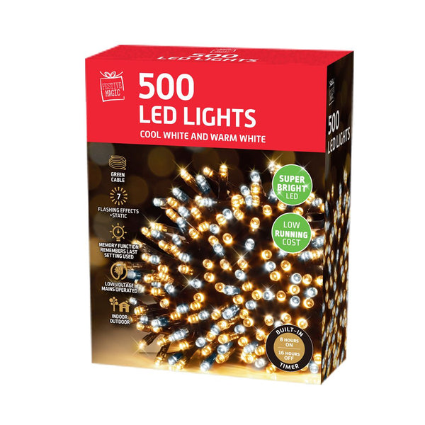 LED String Lights 500 Timer White Warm White | 8m Lead Wire, 5cm Spacing